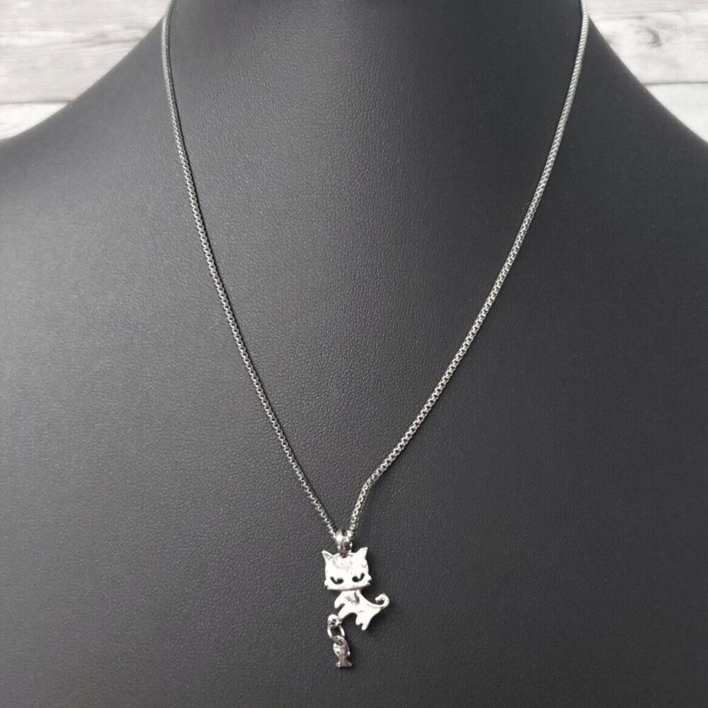 Silver Tone Cat with Fish Pendant Necklace - Whimsical